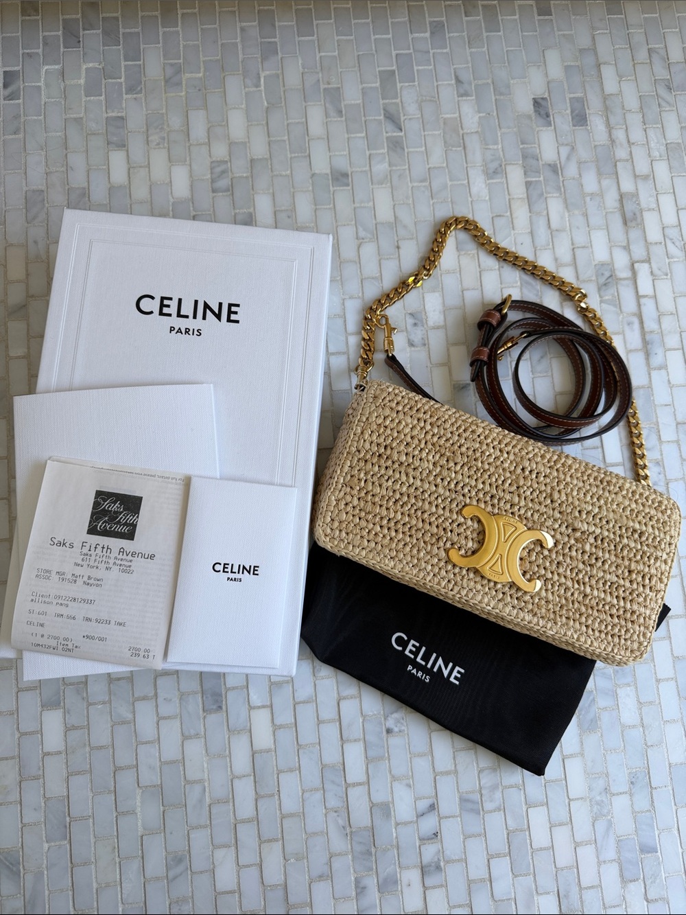 CELINE Natural Raffia Triomphe Crossbody with Gold Hardware Full Set!